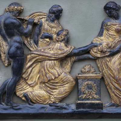 Gilded And Lacquered Carved Wood Panel, Antique Neoclassical Scene